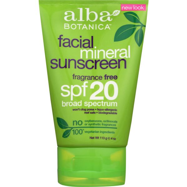 Alba Botanica Very Emollient Sunscreen Facial Mineral Protection SPF 20, 4 Oz