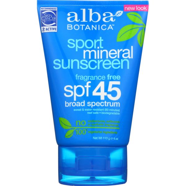 ALBA BOTANICA: Very Emollient Sunscreen Sport Mineral Protection SPF 45, 4 oz