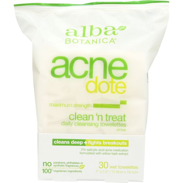 Alba Botanica Acne Dote Daily Cleansing Towelettes Oil Free, 30 Count