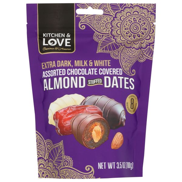 KITCHEN AND LOVE: Extra Dark Milk And White Assorted Chocolate Covered Almond Stuffed Dates, 3.5 oz