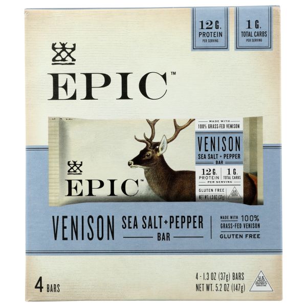 EPIC: Venison Sea Salt Pepper Bars 4Pk, 5.2 oz