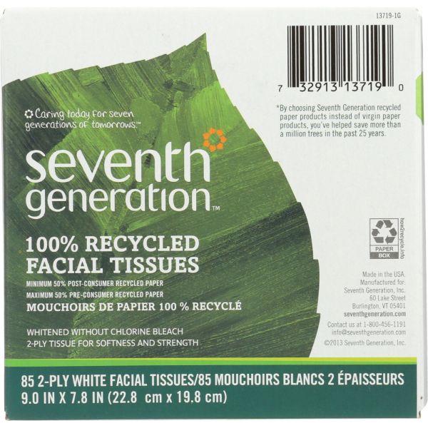 SEVENTH GENERATION: 100 Percent Facial Tissue 85 Count, 1 ea