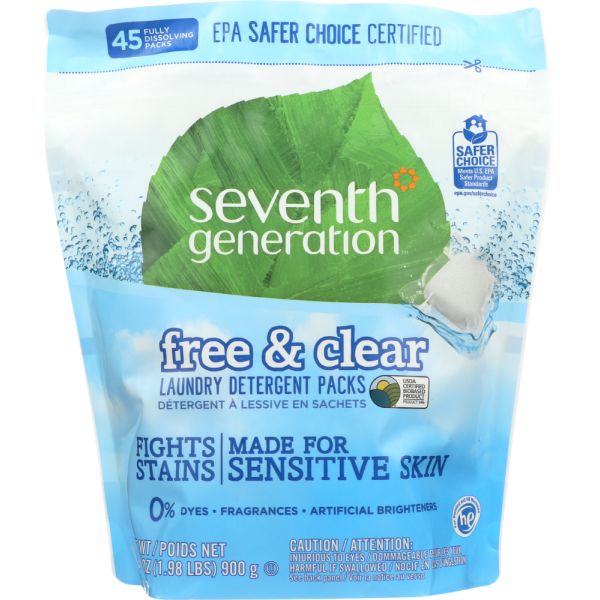 SEVENTH GENERATION: Laundry Detergent Packs Free & Clear, 45 pc