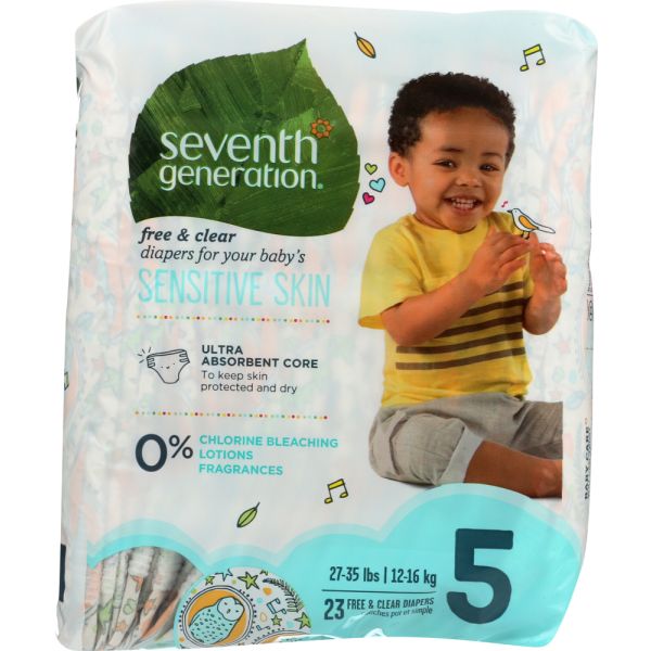 SEVENTH GENERATION: Baby Free & Clear Diapers Size 5 27 Plus Pounds, 23 pc