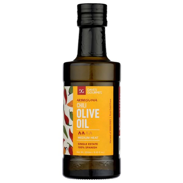 DAVES GOURMET: Arbequina Chili Olive Oil Medium Heat, 250 ml