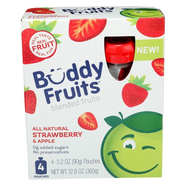 BUDDY FRUITS: Strawberry And Apple 4 Pouches Blended Fruits, 12.8 oz