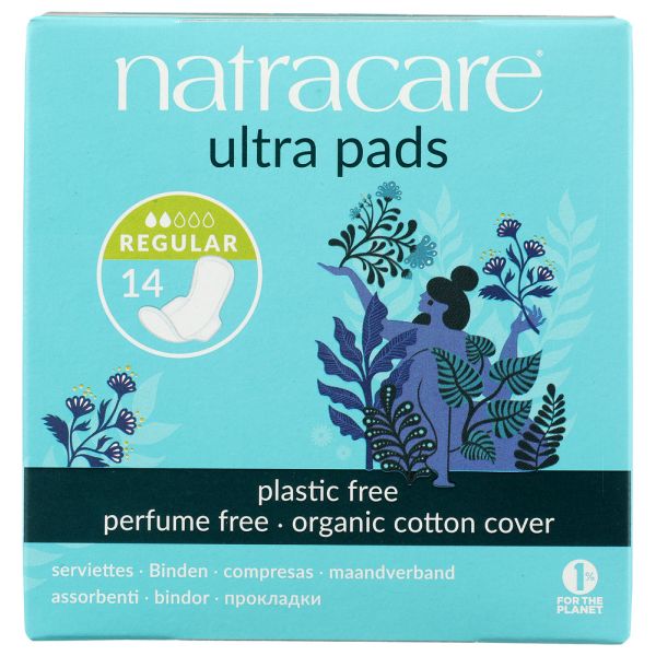 NATRACARE: Organic and Natural Ultra Pads Regular with Wings Cotton Cover, 14 Pads