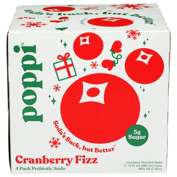 POPPI: Cranberry Fizz Prebiotic Soda 4 Cans, 48 fo