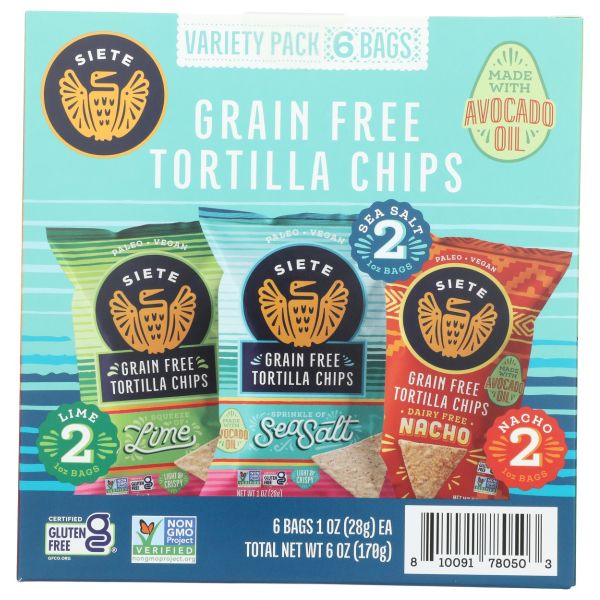 SIETE: Grain Free Tortilla Chips 6 Pack Variety, 6 oz