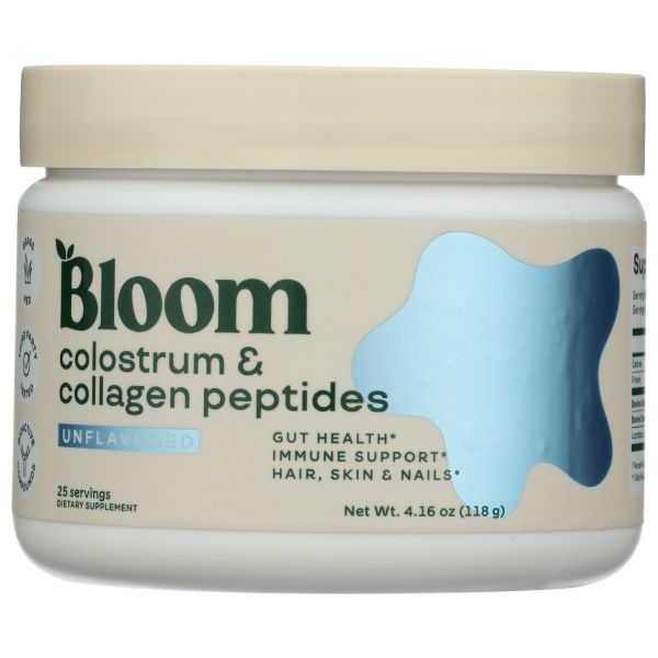 BLOOM NUTRITION: Colostrum and Collagen Peptides Unflavored, 4.16 oz