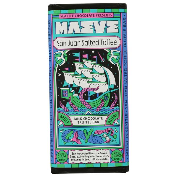 MAEVE BY SEATTLE CHOCOLATE: San Juan Salted Toffee Milk Chocolate Truffle Bar, 2.5 oz