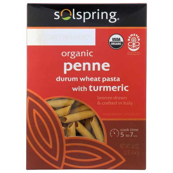 SOLSPRING: Organic Penne Durum Wheat Pasta With Turmeric, 16 oz
