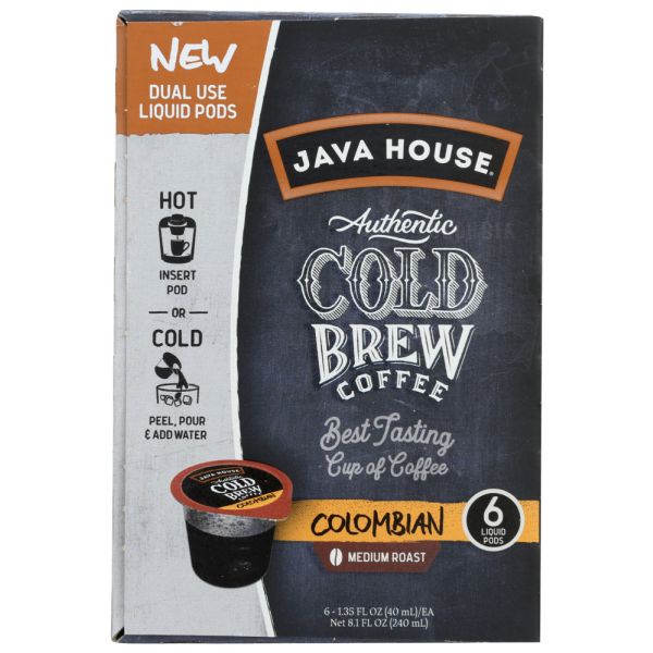 JAVA HOUSE COLD BREW RTD: Colombian Dual Use Liquid Coffee Pods, 6 pc