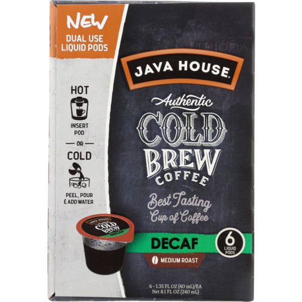 JAVA HOUSE COLD BREW RTD: Decaf Dual Use Liquid Coffee Pods, 6 pc