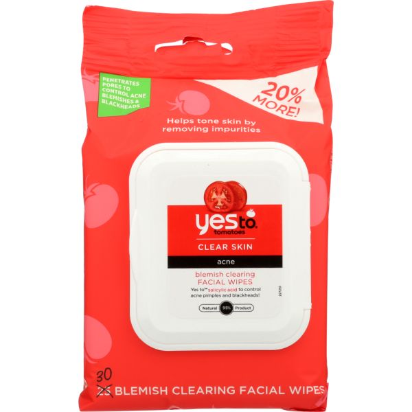 YES TO: Tomatoes Clear Skin Blemish Facial Wipes for Acne, 30 pc