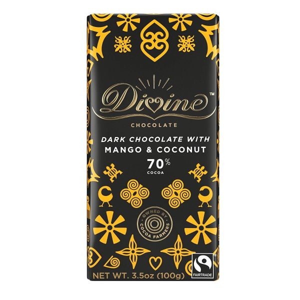 DIVINE CHOCOLATE: 70% Dark Chocolate Bar with Mango & Coconut, 3.5 oz