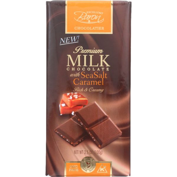 BARON CHOCOLATIER: Milk Chocolate with Sea Salt Caramel Bar, 3.5 oz