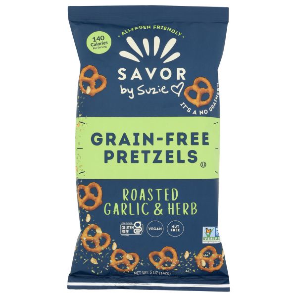 SAVOR BY SUZIE: Grain Free Pretzels Roasted Garlic Herb, 5 oz