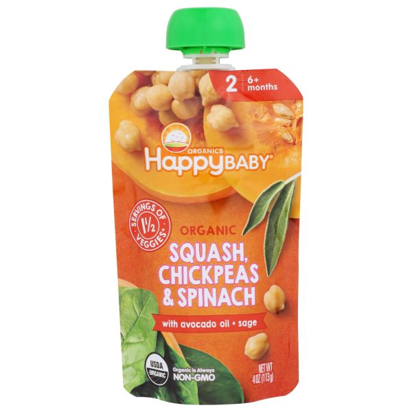 HAPPY BABY: Organic Squash Chickpeas And Spinach With Avocado Oil And Sage Baby Food, 4 oz