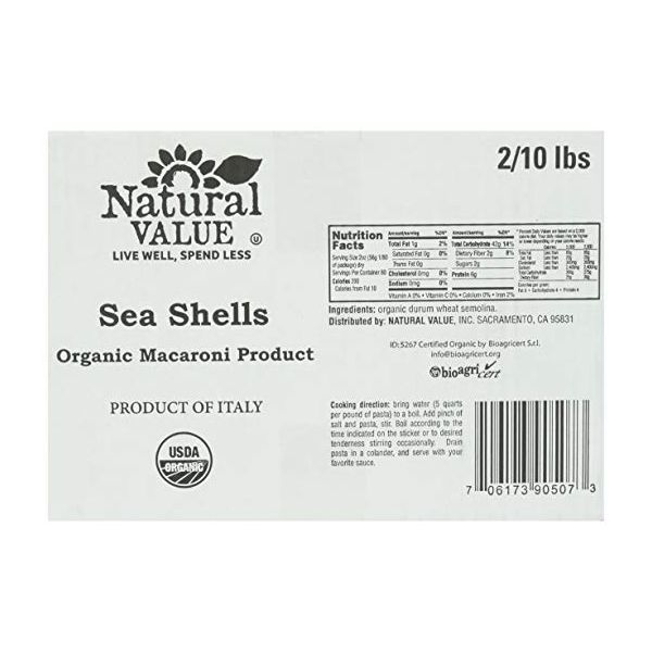 NATURAL VALUE: Pasta-Sea Shells Organic 2 Packs, 20 lb