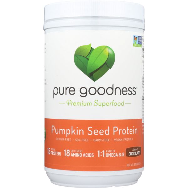 PURE GOODNESS: Pumpkin Seed Chocolate Protein Powder, 16 oz