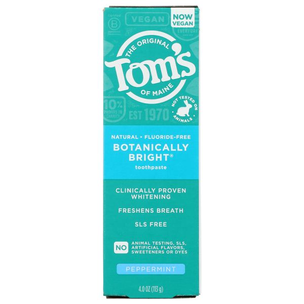 TOMS OF MAINE: Fluoride Free Botanically Bright Toothpaste Peppermint, 4 oz