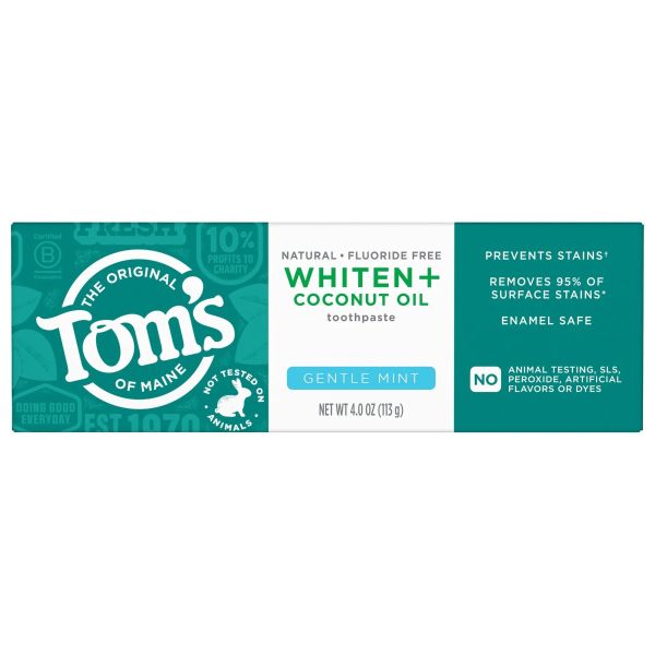 TOM'S OF MAINE: Fluoride Free Whiten Plus Coconut Oil Toothpaste Gentle Mint, 4 oz