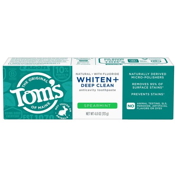 TOM'S OF MAINE: Whiten Plus Deep Clean Whitening Spearmint Natural Toothpaste, 4 oz