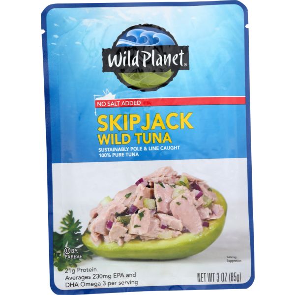 WILD PLANET: Skipjack Wild Tuna Single Serve Pouch No Salt Added, 3 oz
