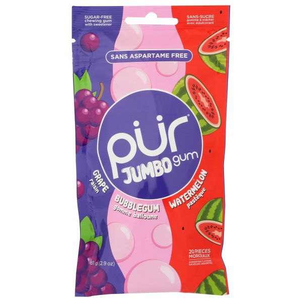 PUR: Grape, Bubblegum and Watermelon Jumbo Gum 20pc, 2.9 oz