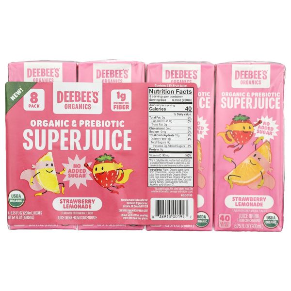 DEEBEES ORGANIC: Organic And Prebiotic Super Juice Strawberry Lemonade 8Pk, 54 fo