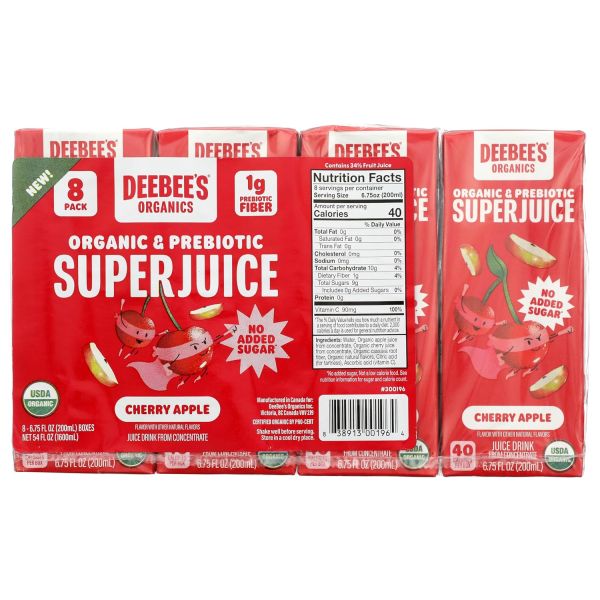 DEEBEES ORGANIC: Organic And Prebiotic Super Juice Cherry Apple 8Pk, 54 fo