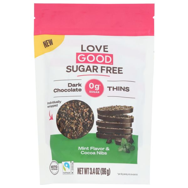 LOVE GOOD FATS: Dark Chocolate Thins Mint and Cocoa Nibs, 96 gm
