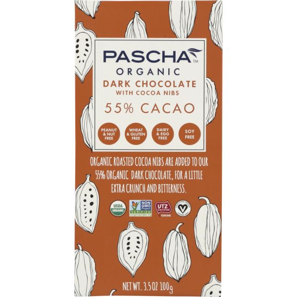 PASCHA: 55% Cacao Organic Dark Chocolate with Cocoa Nibs, 3.5 oz