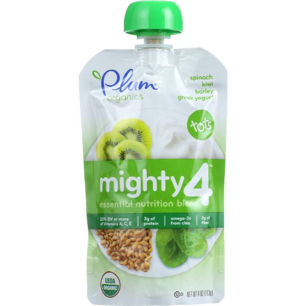 Plum Organics Tots Mighty 4 Essential Nutrition Blend Spinach Kiwi Barley Greek Yogurt, 4 Oz