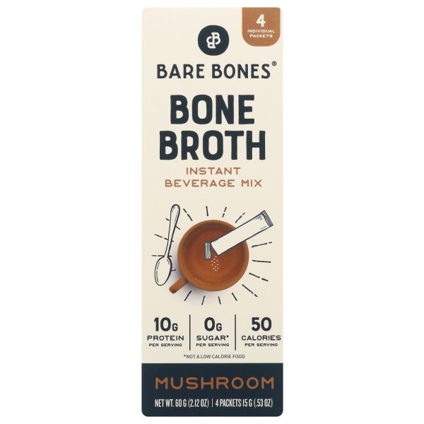 BARE BONES: Bone Broth Stock Instant Mushroom 4ct, 2.12 oz