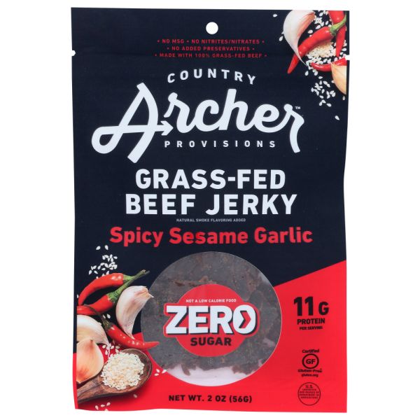 COUNTRY ARCHER: Zero Sugar Spicy Sesame Garlic Grass Fed Beef Jerky, 2 oz
