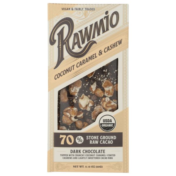 RAWMIO: Coconut Caramel and Cashew Dark Chocolate Bar, 2.12 oz