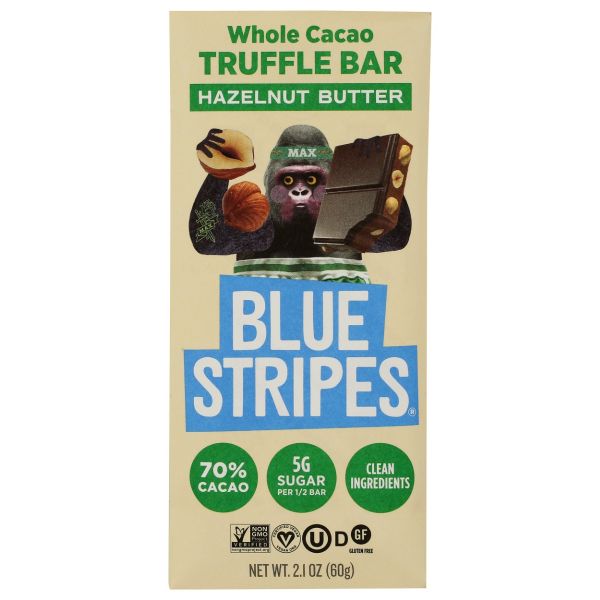 BLUE STRIPES: Whole Cacao Truffle Bar Hazelnut Butter, 2.1 oz