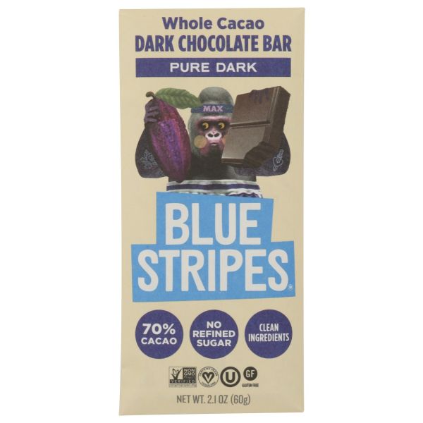 BLUE STRIPES: Whole Cacao Pure Dark Chocolate Bar, 2.1 oz