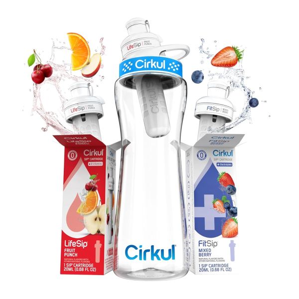 CIRKUL: 22 Ounce Clear Plastic Water Bottle Starter Kit With Blue Lid 2 Flavor Cartridge Fruit Punch And Mixed Berry, 1 ea