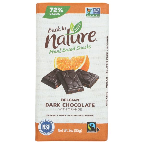 BACK TO NATURE: Dark Belgian Chocolate Bar With Orange, 3 oz