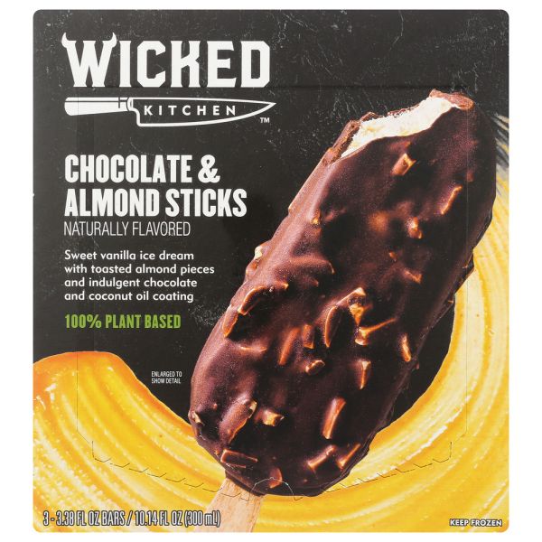 WICKED KITCHEN: 3 Chocolate & Almond Ice Cream Sticks, 10.14 oz