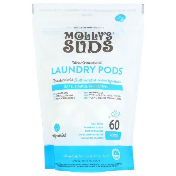 MOLLYS SUDS: Ultra Concentrated Laundry Detergent Pods Peppermint 60 Count, 29.63 OZ