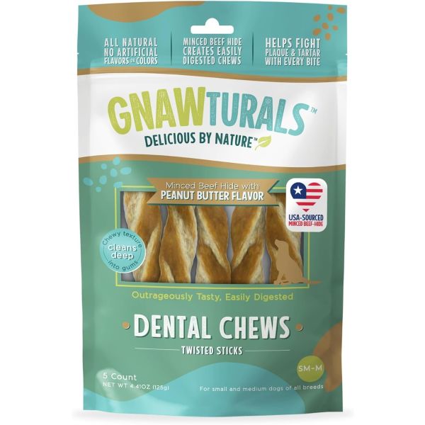 GNAWTURALS: Twisted Dental Chews Stick Peanut Butter for Small to Medium Dogs, 4.41 oz