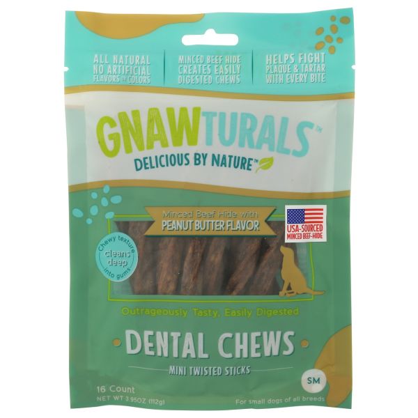 GNAWTURALS: Mini Twisted Dental Dog Chews Stick Peanut Butter, 3.95 oz