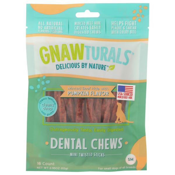 GNAWTURALS: Mini Twisted Dental Dog Chews Stick Pumpkin, 3.95 oz