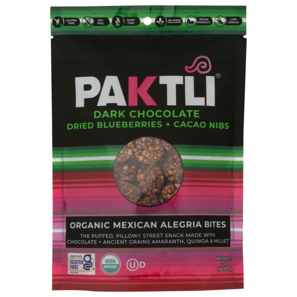 PAKTLI: Dark Chocolate Alegria Bites with Blueberries and Cacao Nibs, 2 oz