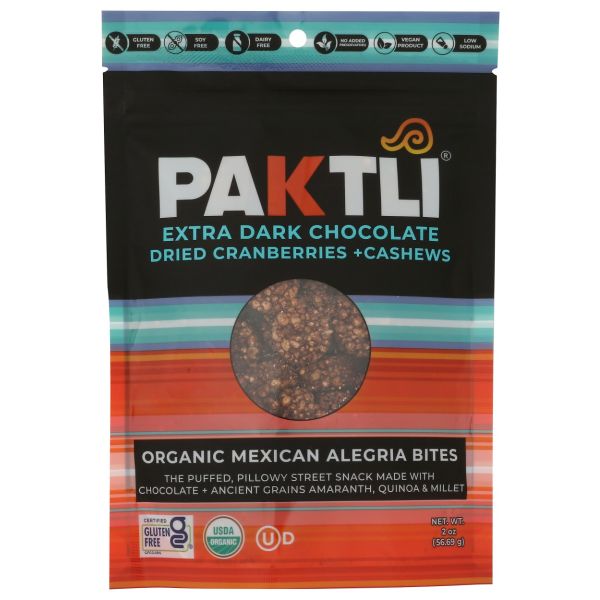 PAKTLI: Extra Dark Chocolate Alegria Bites with Cranberries and Cashews, 2 oz