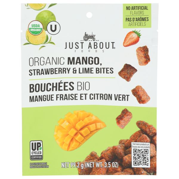 JUST ABOUT FOODS: Organic Mango Strawberry and Lime Bites, 3.5 oz